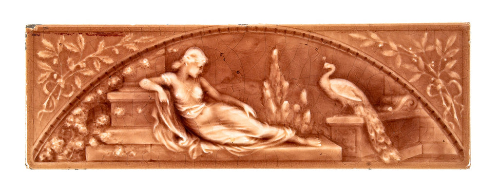 rare oversized 19th century salvaged chicago 6 x 18 inch american encaustic figural majolica glazed fireplace tile