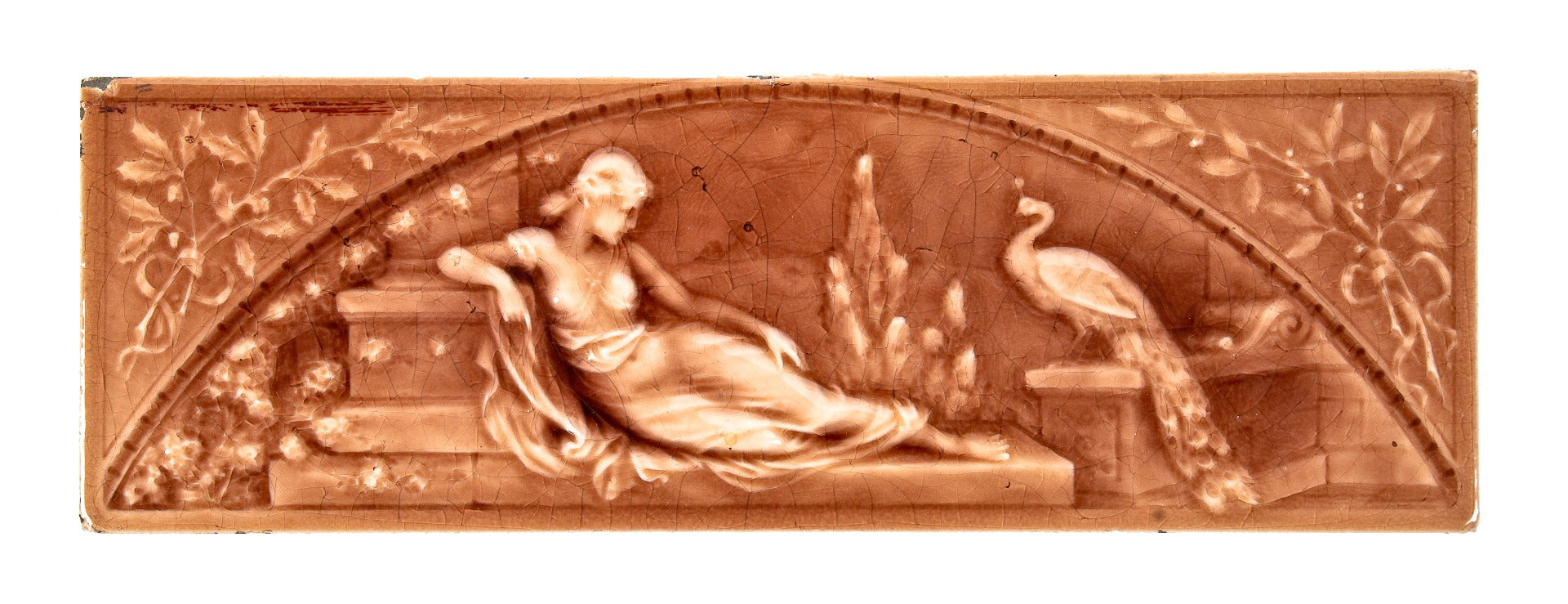 rare oversized 19th century salvaged chicago 6 x 18 inch american encaustic figural majolica glazed fireplace tile