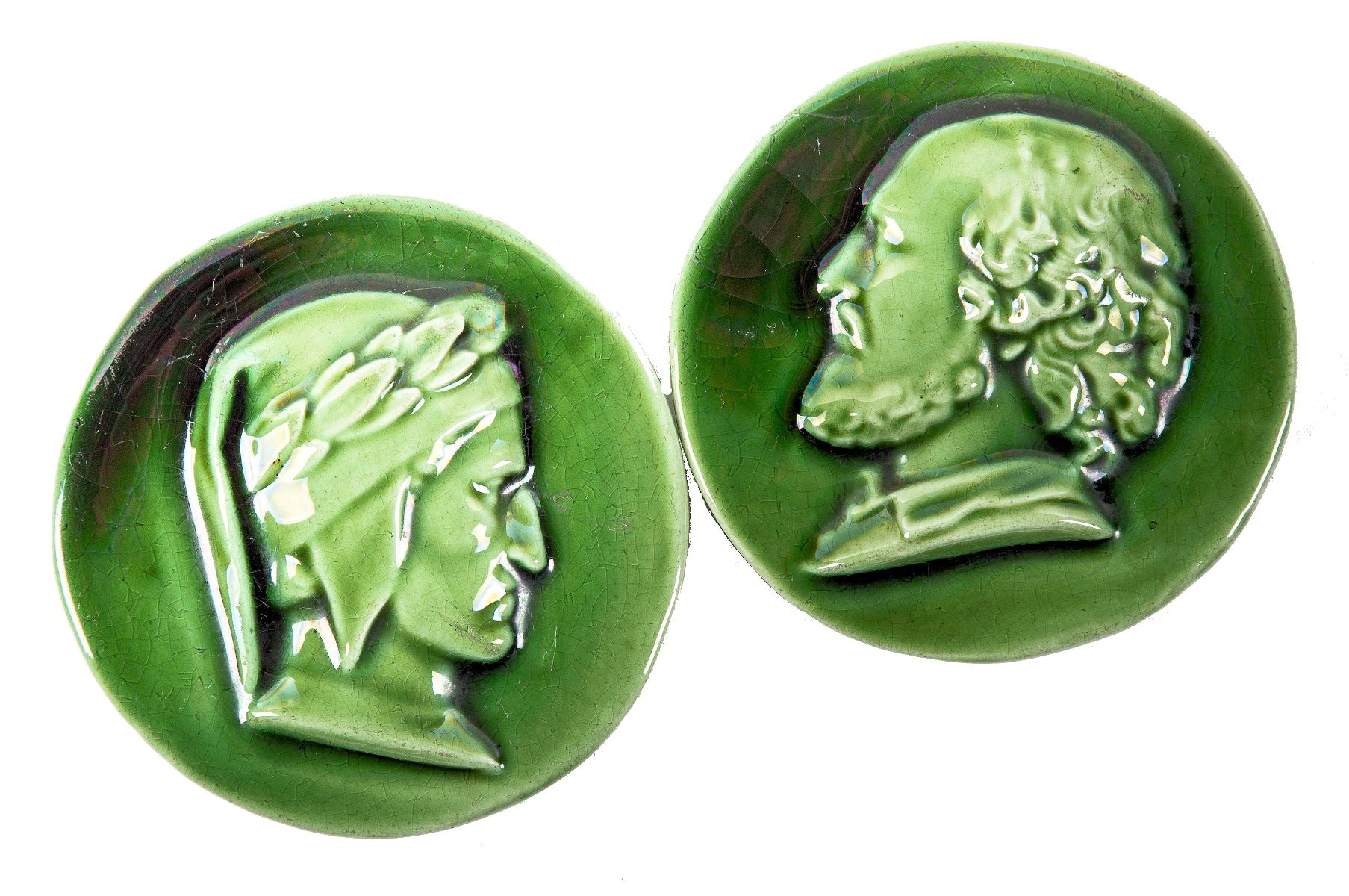 two original 19th century antique american victorian era vividly colored green figural tiles salvaged from a cast iron fireplace mantel