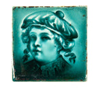 richly colored teal majolica-glazed antique american 19th century diminutive dust-pressed 2 x 2 inch figural tile