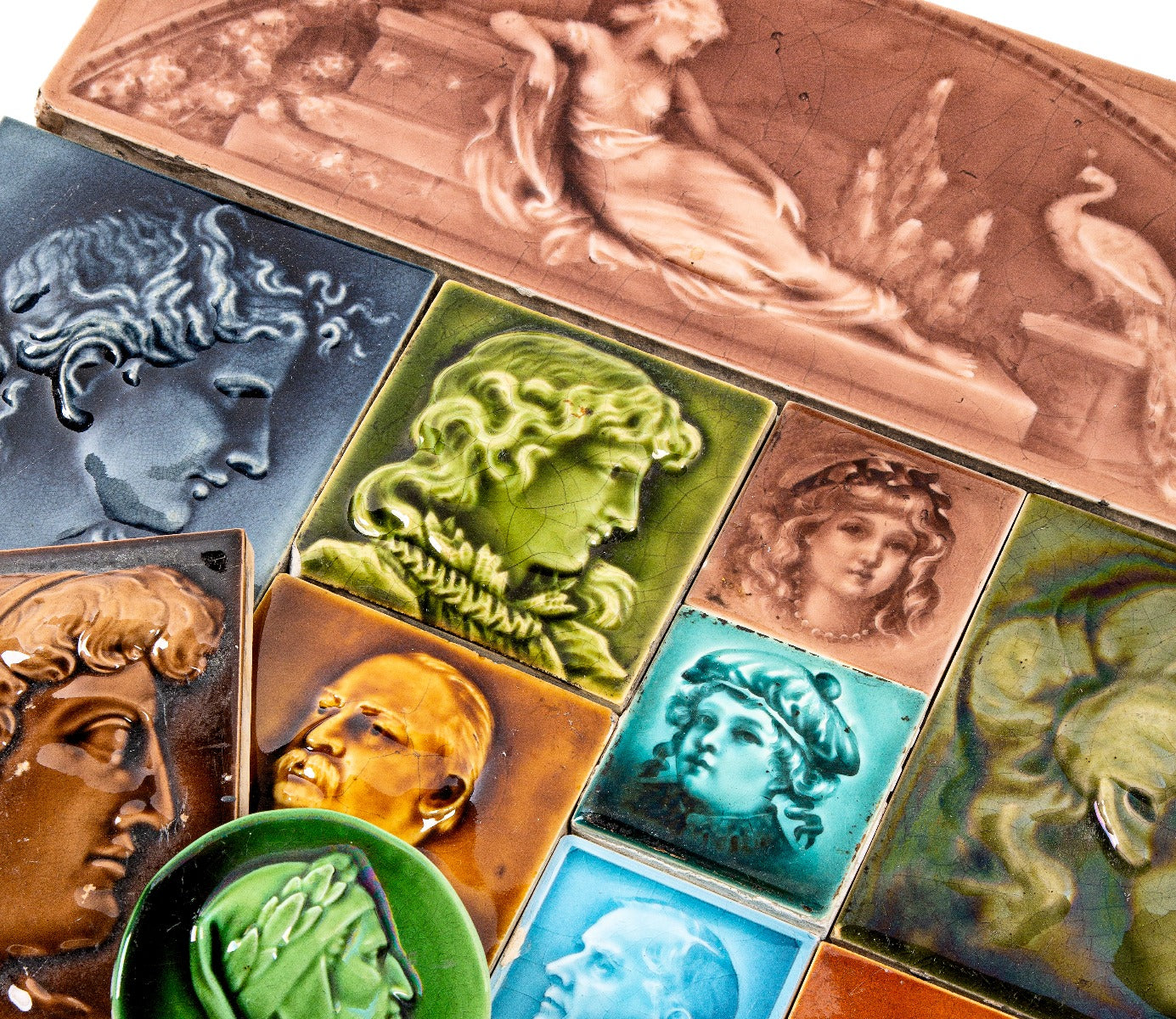 richly colored teal majolica-glazed antique american 19th century diminutive dust-pressed 2 x 2 inch figural tile