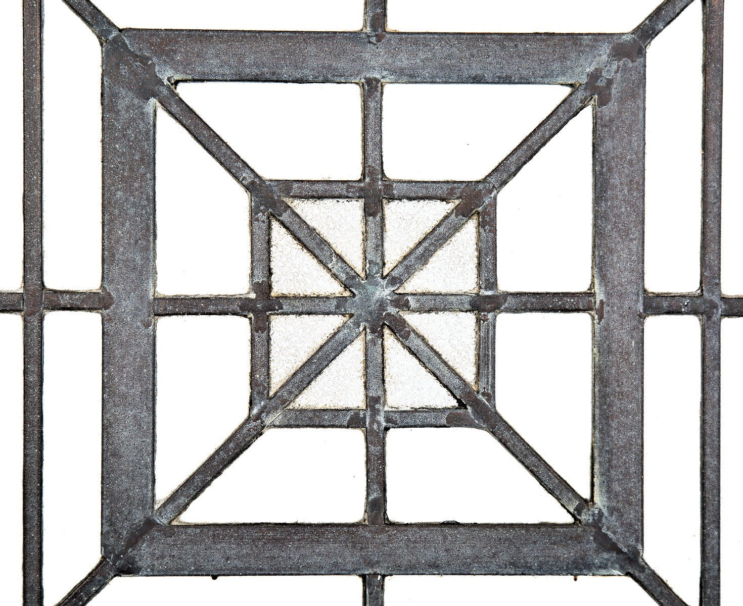 one of four matching original early 20th century custom-designed strongly geometric zinc and glass window from a chicago masonic temple or church