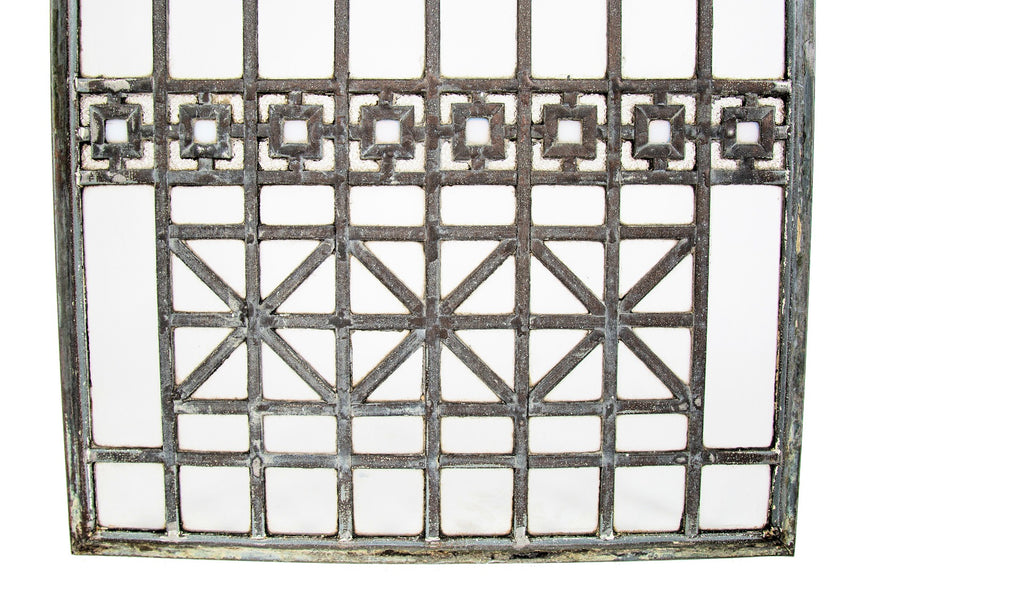 one of four matching original early 20th century custom-designed strongly geometric zinc and glass window from a chicago masonic temple or church