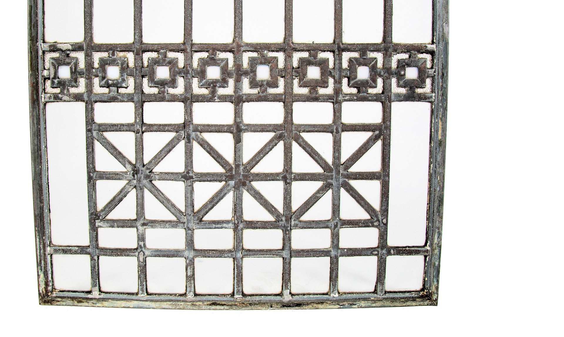 one of four matching original early 20th century custom-designed strongly geometric zinc and glass window from a chicago masonic temple or church