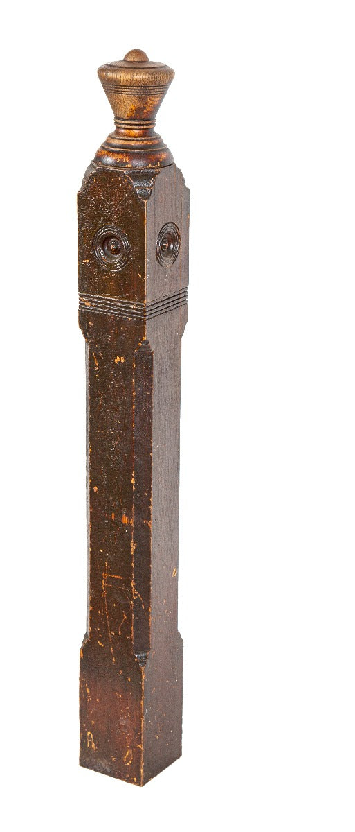 late 19th century original salvaged chicago interior residential varnished oak wood box-shaped newel post with turned and tapered finial