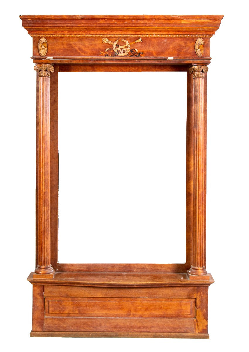 one of two identical late 19th century antique american salvaged chicago solid birch wood oversized pier mirrors or consoles with uniform stained finish