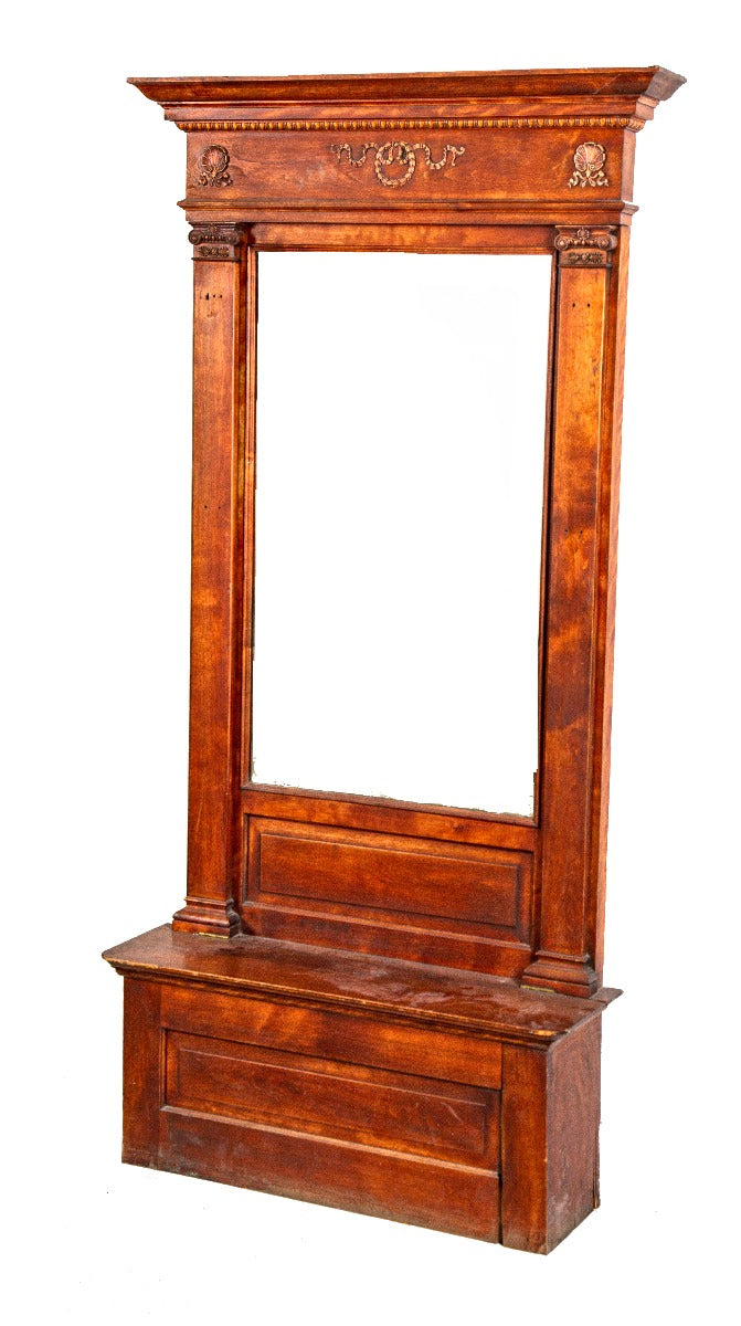 original and well-maintained 19th century freestanding solid birch wood salvaged chicago pier mirror hinged seat