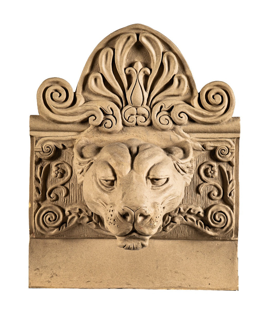 faithfully reproduced buff-colored oversized ornamental terra cotta lion panel replicated during restoration of the beaux-arts bronx zoo lion house