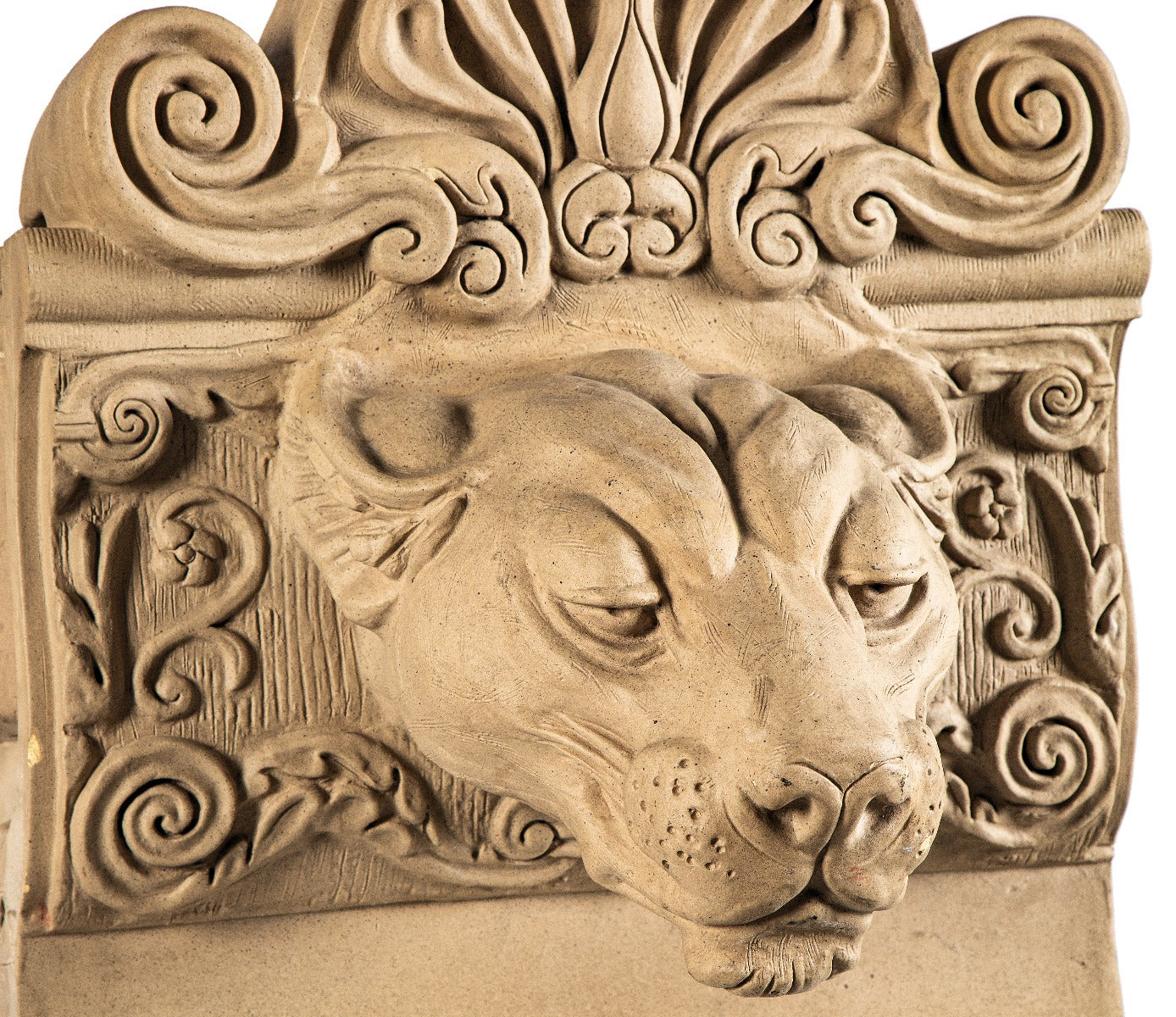 faithfully reproduced buff-colored oversized ornamental terra cotta lion panel replicated during restoration of the beaux-arts bronx zoo lion house
