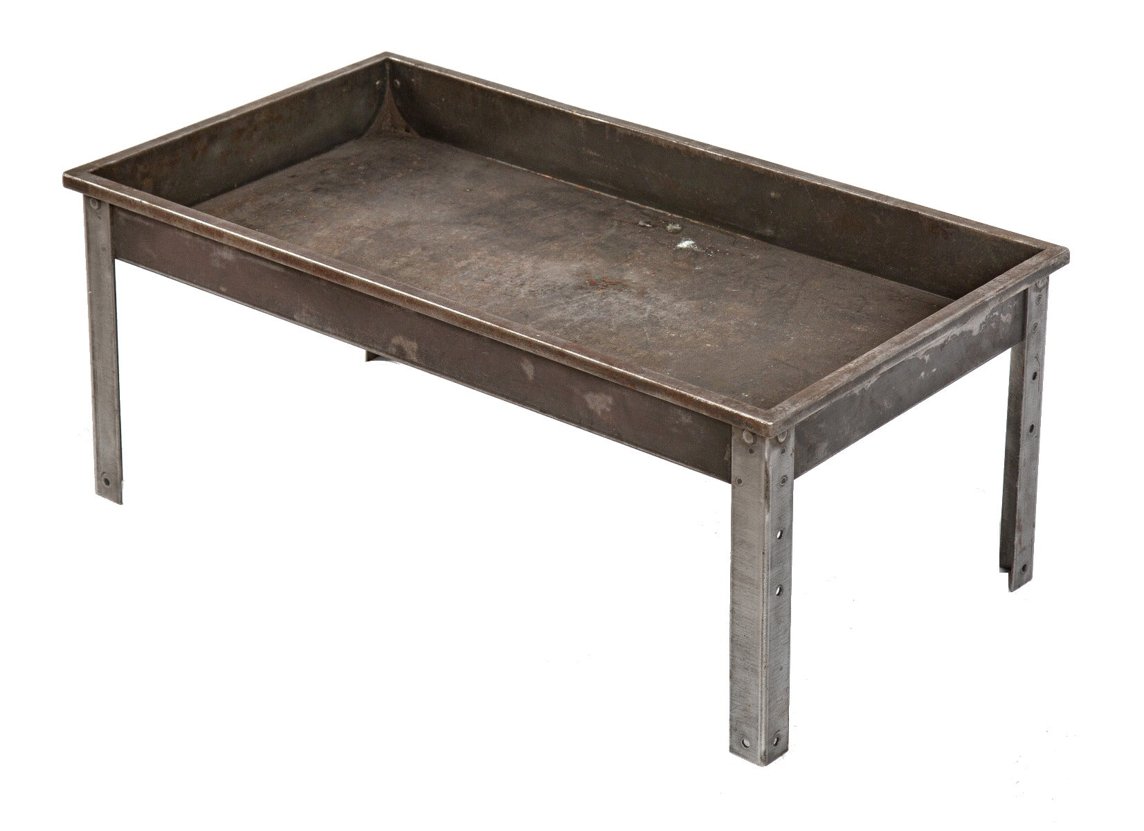 low-lying c. 1950's refinished salvaged chicago heavy gauge angled steel factory machine shop metal scrap bin supported by angled steel legs