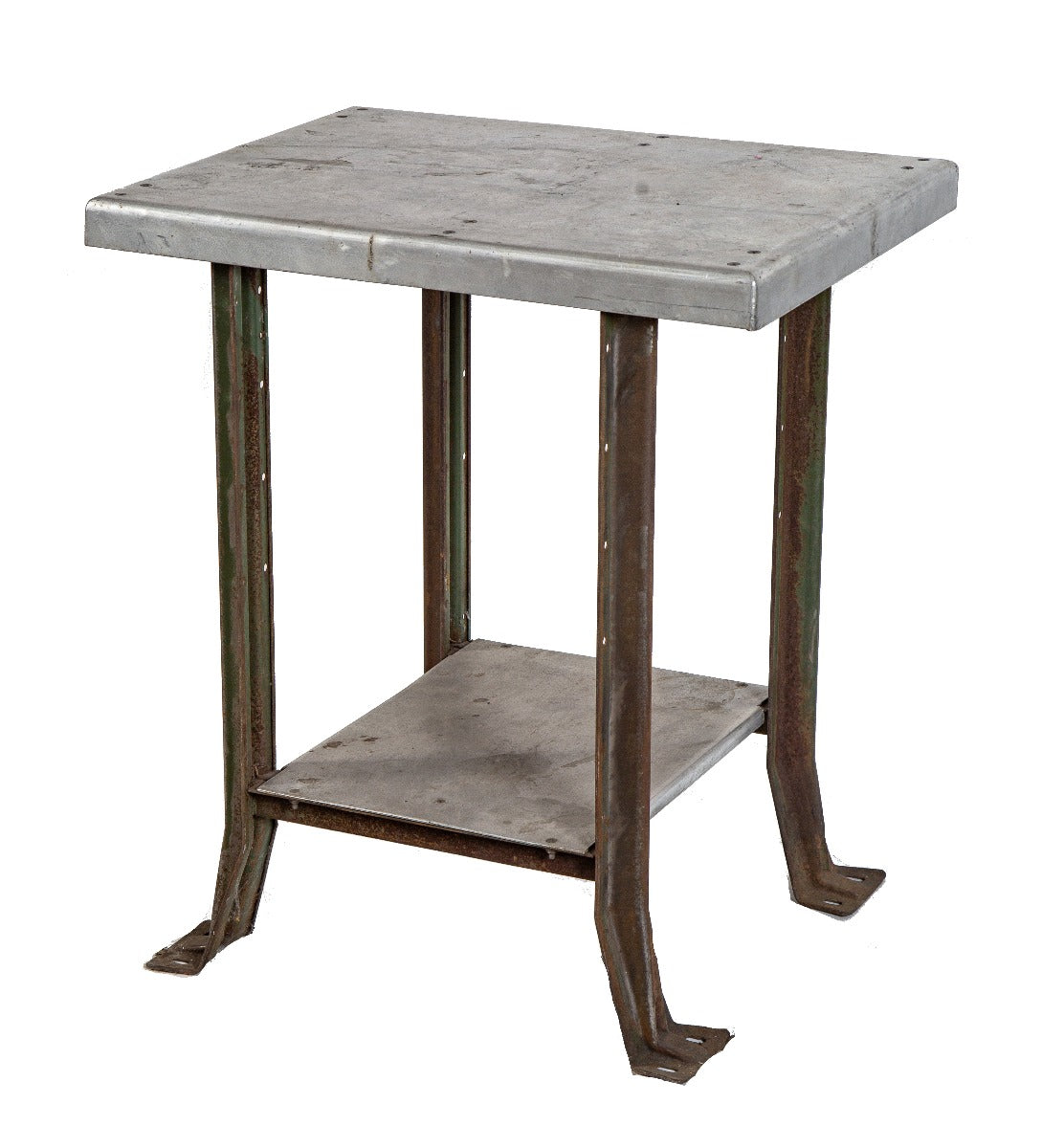 original two-tier custom-built salvaged chicago factory machine shop table with outswept legs and factory green enameled finish