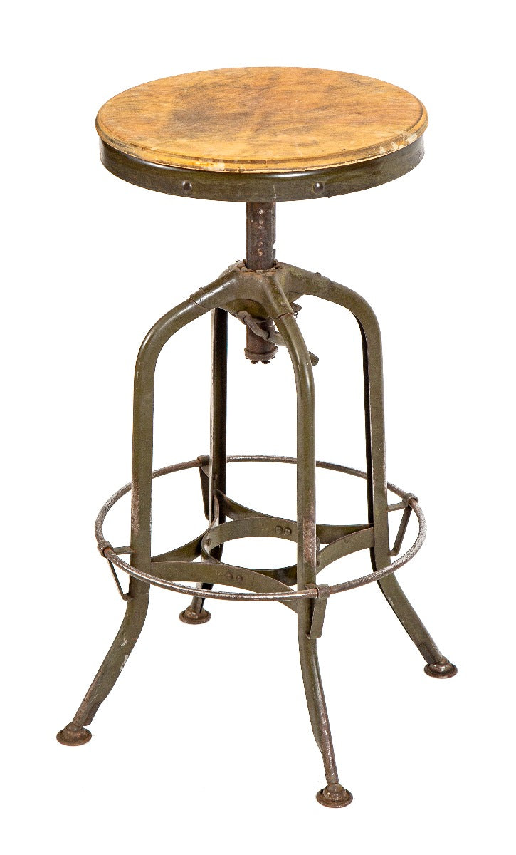 american depression-era fully functional "uhl art steel" four-legged toledo stool with original maple wood seat and footrest