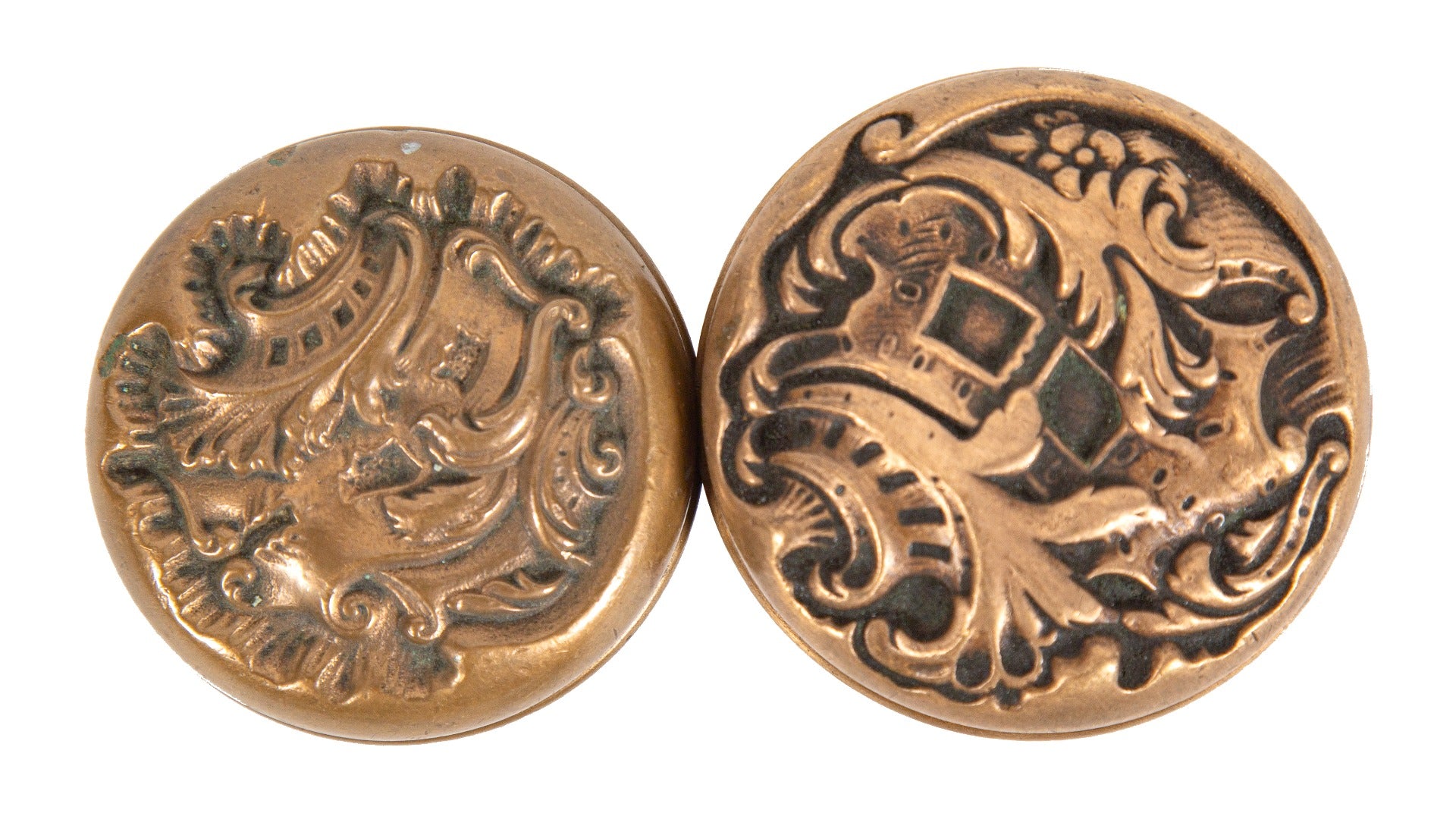 original 1890s hard to find rococo style ornamental cast bronze salvaged chicago entrance door handles with nicely aged patina