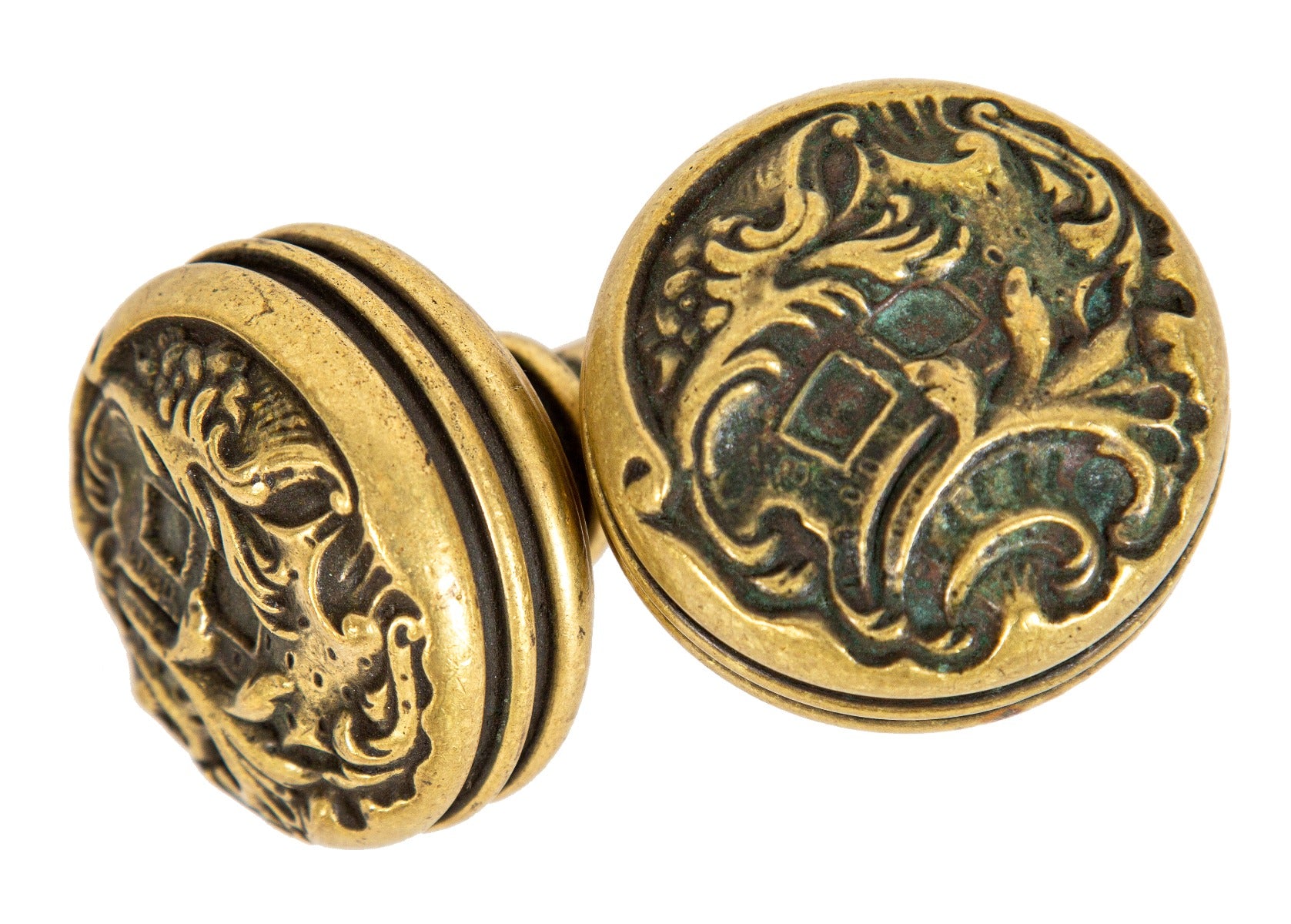 matching set of entrance size cast bronze 19th or early 20th century "belforte" pattern salvaged chicago doorknobs with nicely aged patina