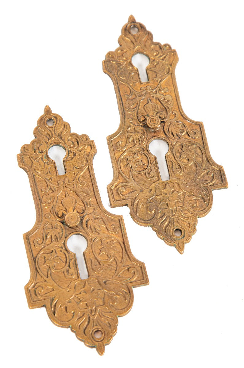 two matching 1870s ornamental cast bronze salvaged chicago entrance door oversized keyplate escutcheons