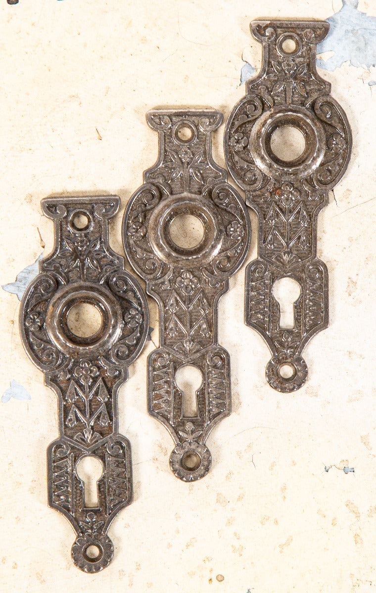 group of three matching uniquely-shaped ornamental cast iron 1870s interior residential passage door backplates