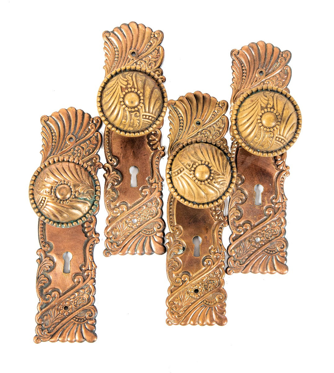 highly sought after late 19th century salvaged chicago ornamental wrought bronze "roanoke" pattern doorknobs with matching backplates