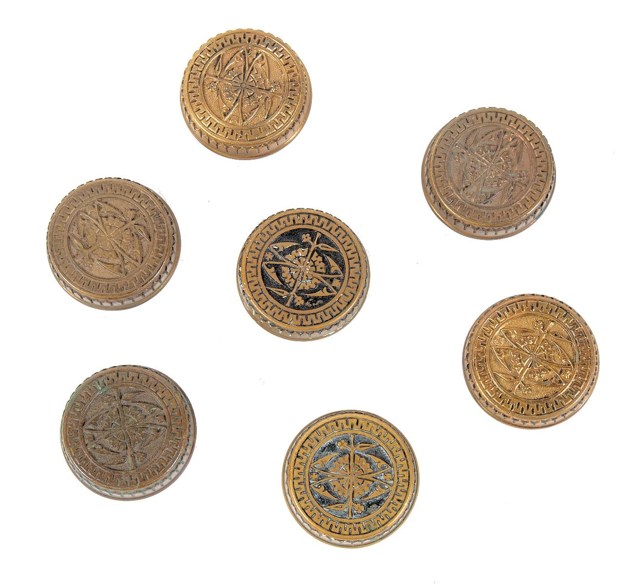 seven original 19th century salvaged chicago eastlake style drum-shaped cast bronze doorknobs