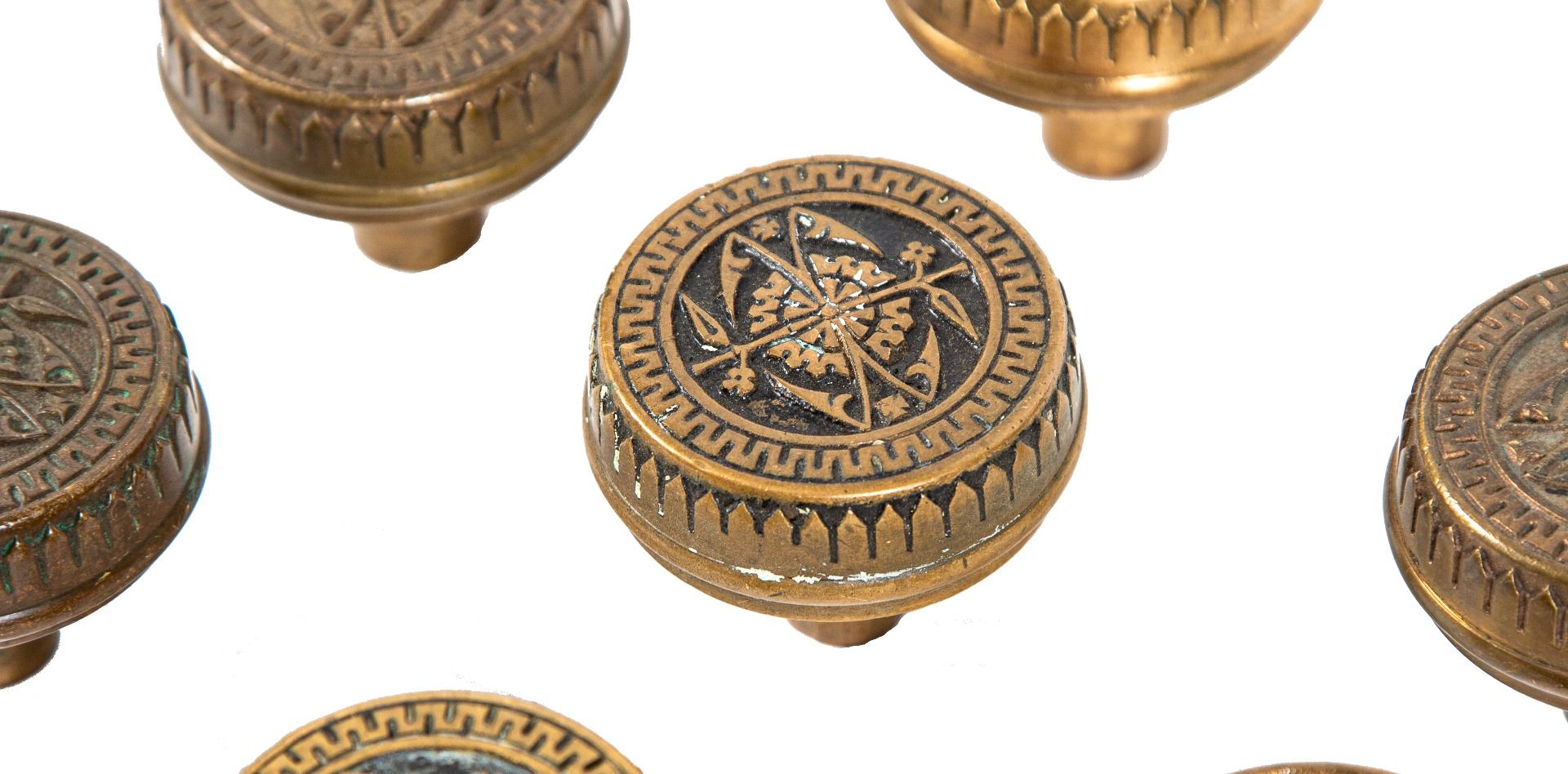 seven original 19th century salvaged chicago eastlake style drum-shaped cast bronze doorknobs