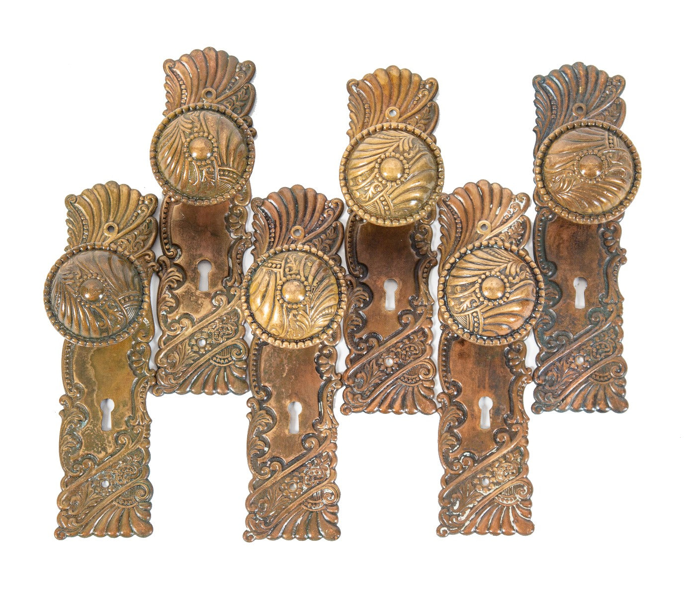 large lot of matching original ornamental wrought bronze roanoke pattern 19th century salvaged chicago door hardware