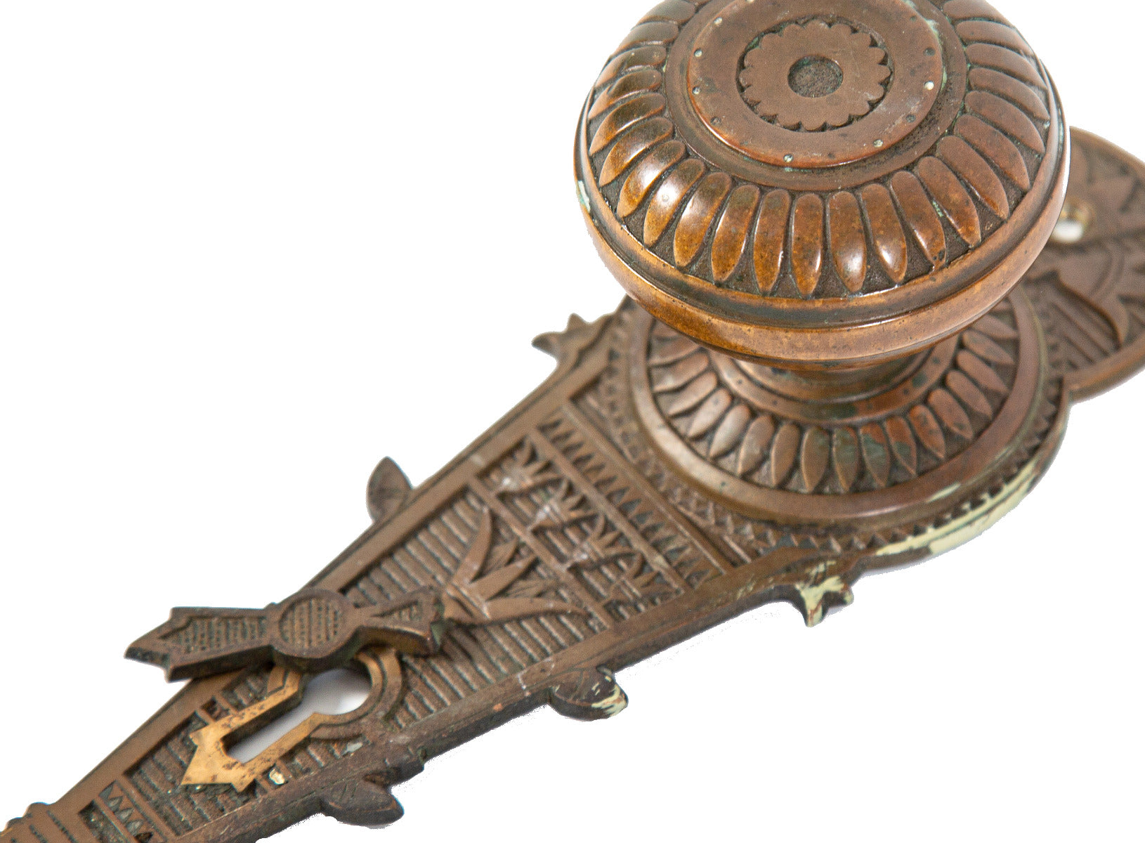 hard to find original 1870s ornamental cast bronze salvaged interior residential passage doorknob and matching backplate with swinging keyhole cover