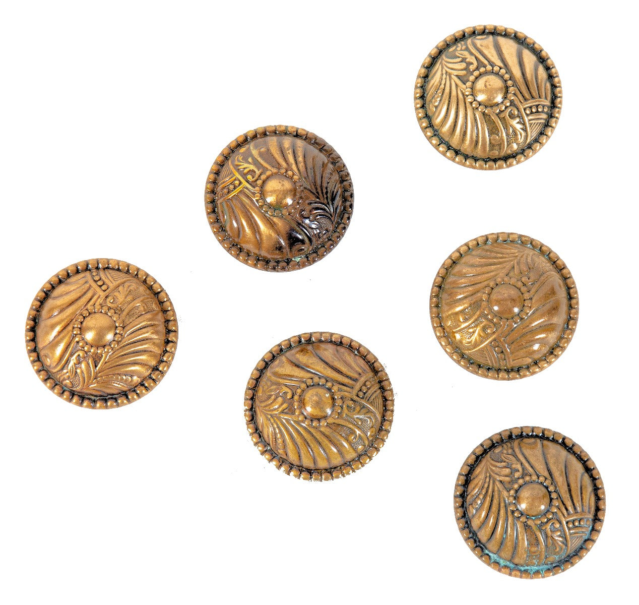 group of six matching original late 19th century antique american ornamental wrought bronze "roanoke" pattern passage door handles with nicely aged patina