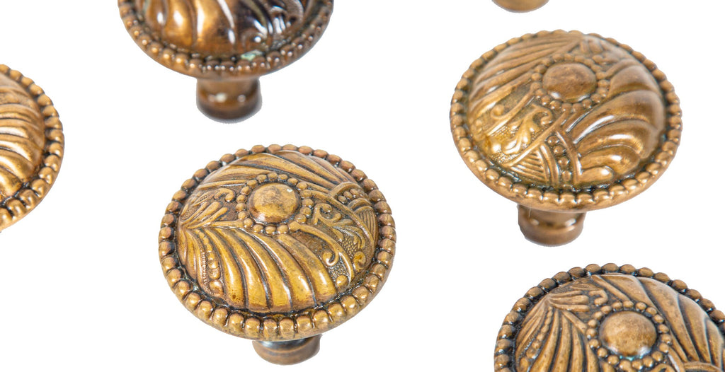 group of six matching original late 19th century antique american ornamental wrought bronze "roanoke" pattern passage door handles with nicely aged patina