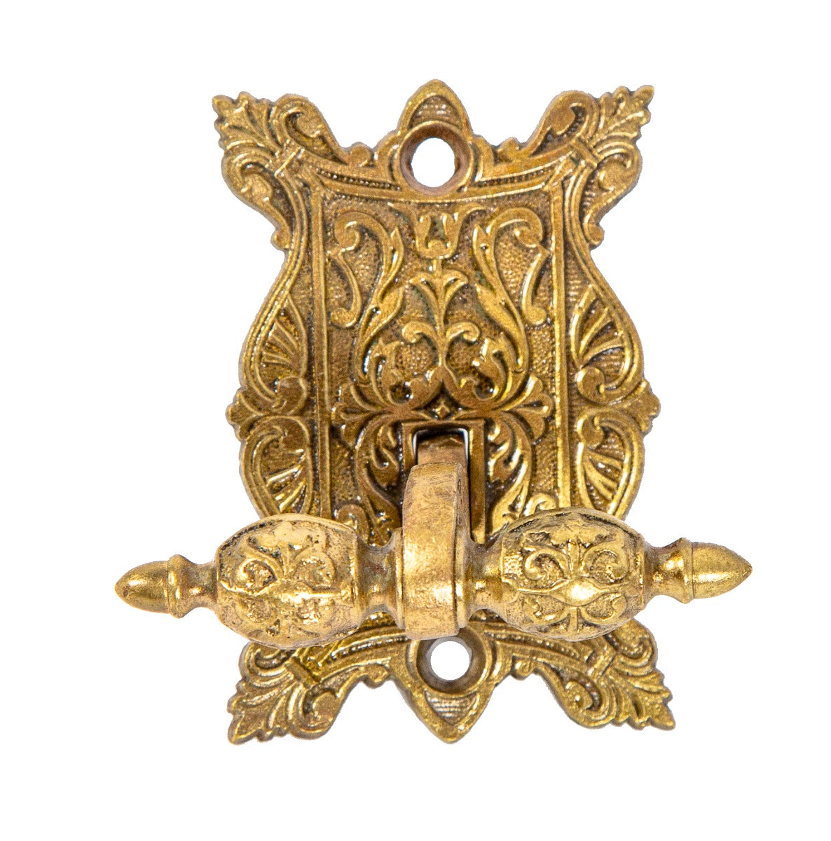 fanciful 1870's antique american ornamental cast brass exterior residential t-pull doorbell handle and backplate