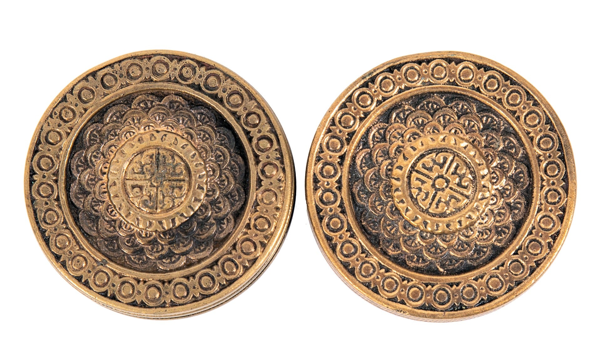 matching set of hard to find 1880's original ornamental cast bronze "brocade" pattern salvaged architectural passage size doorknobs