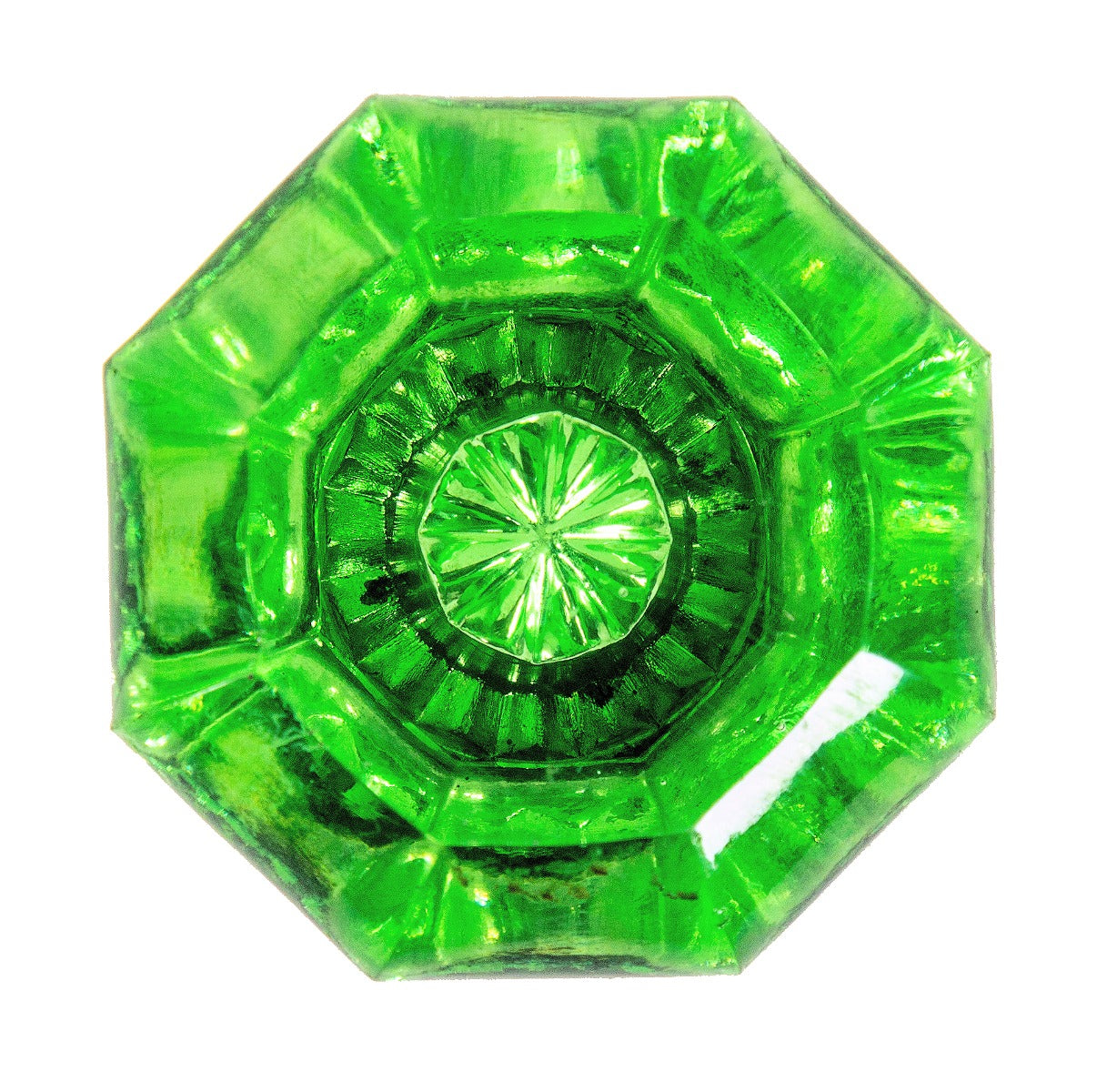 seldom found 1920s jumbo-sized richly colored residential green glass passage door handle with yellow brass shank