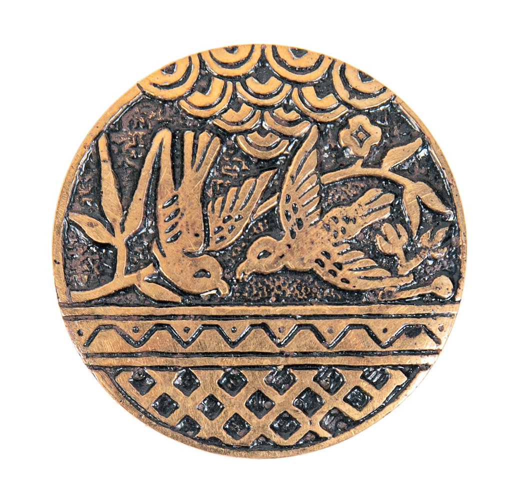 faithfully reproduced heavy ornamental cast brass "blue birds" anglo-japanese figural doorknob with beaded rim