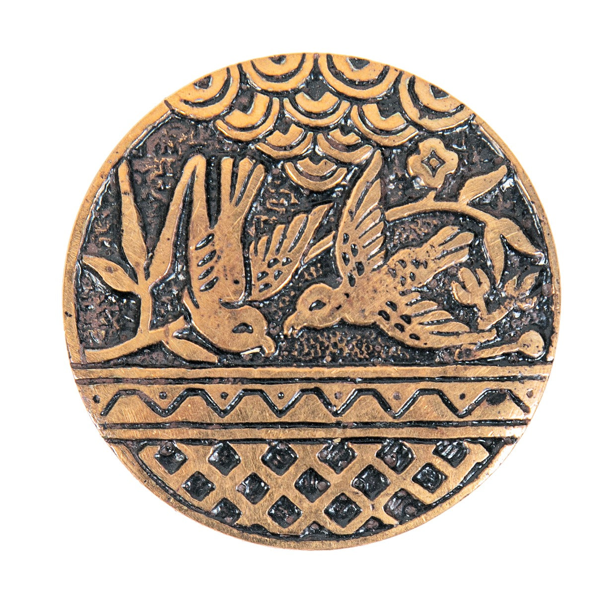 faithfully reproduced heavy ornamental cast brass "blue birds" anglo-japanese figural doorknob with beaded rim