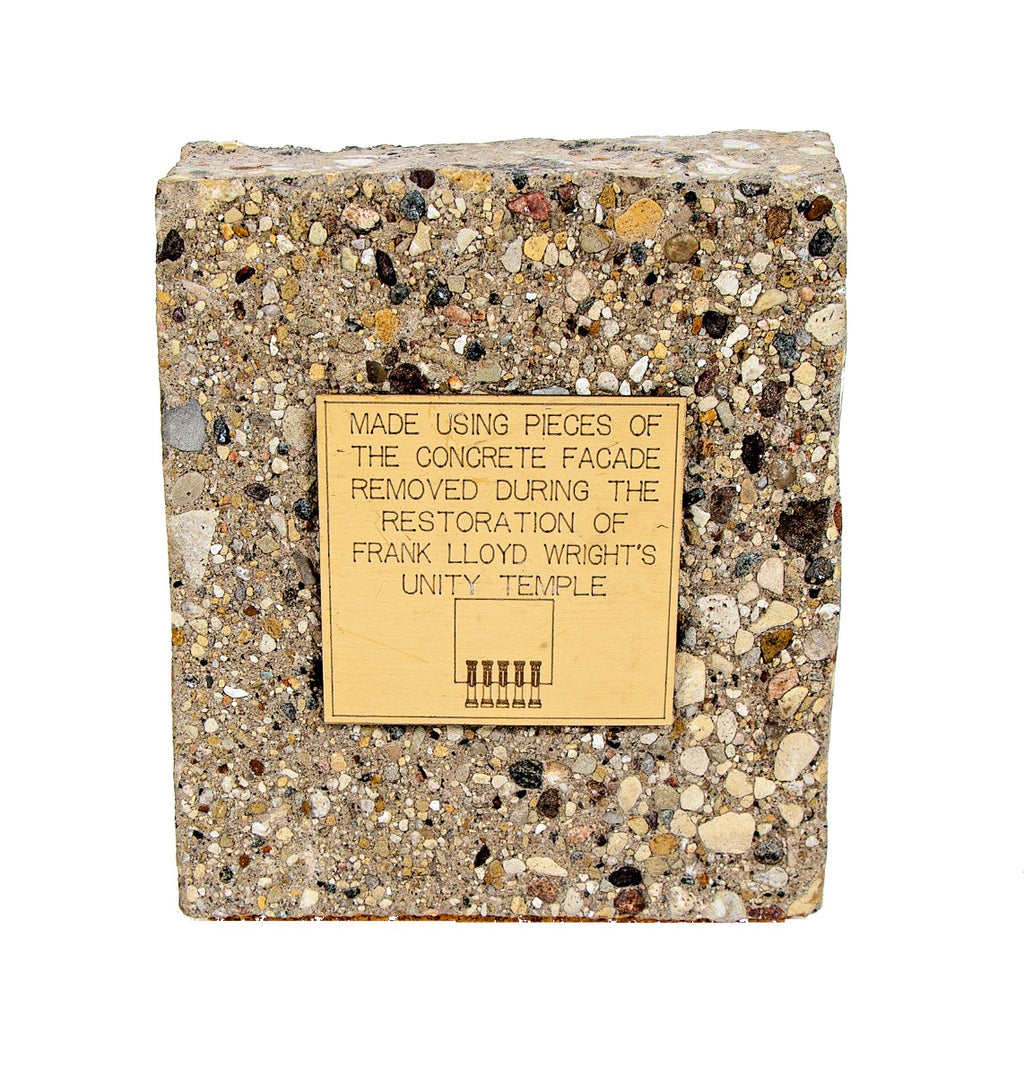 original frank lloyd wright-designed unity temple concrete facade fragment with identification plaque