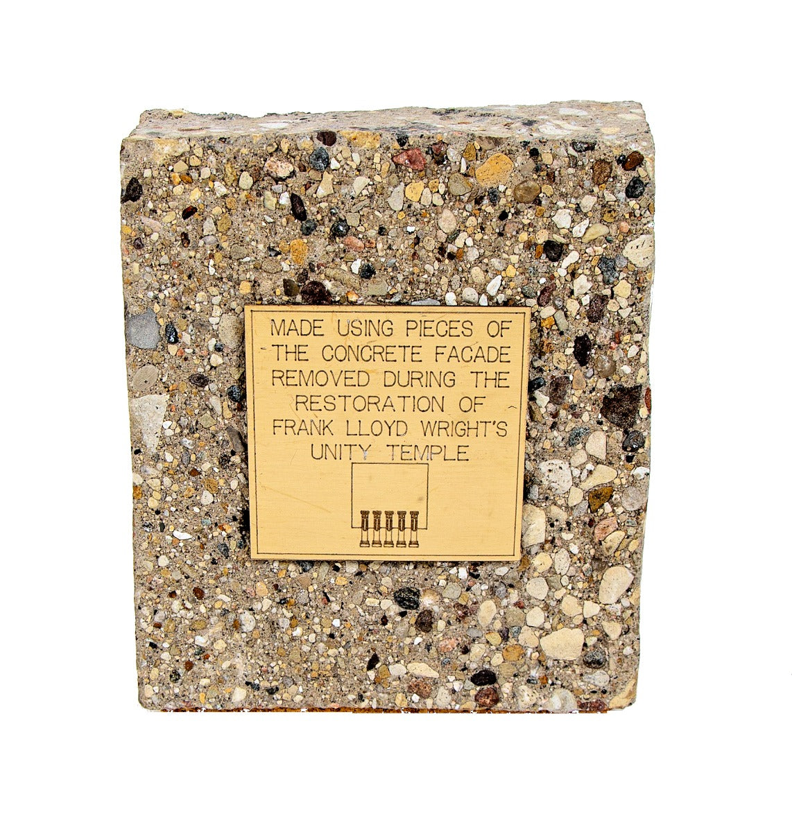 original frank lloyd wright-designed unity temple concrete facade fragment with identification plaque