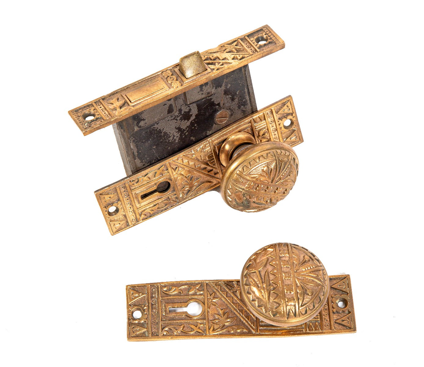 original 19th century antique american eastlake style ornamental cast brass interior residential passage door lockset