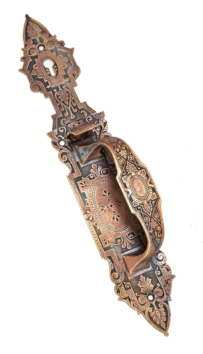 one of three matching 1870's oversized antique american ornamental cast bronze exterior commercial store door thumblatch store door handle