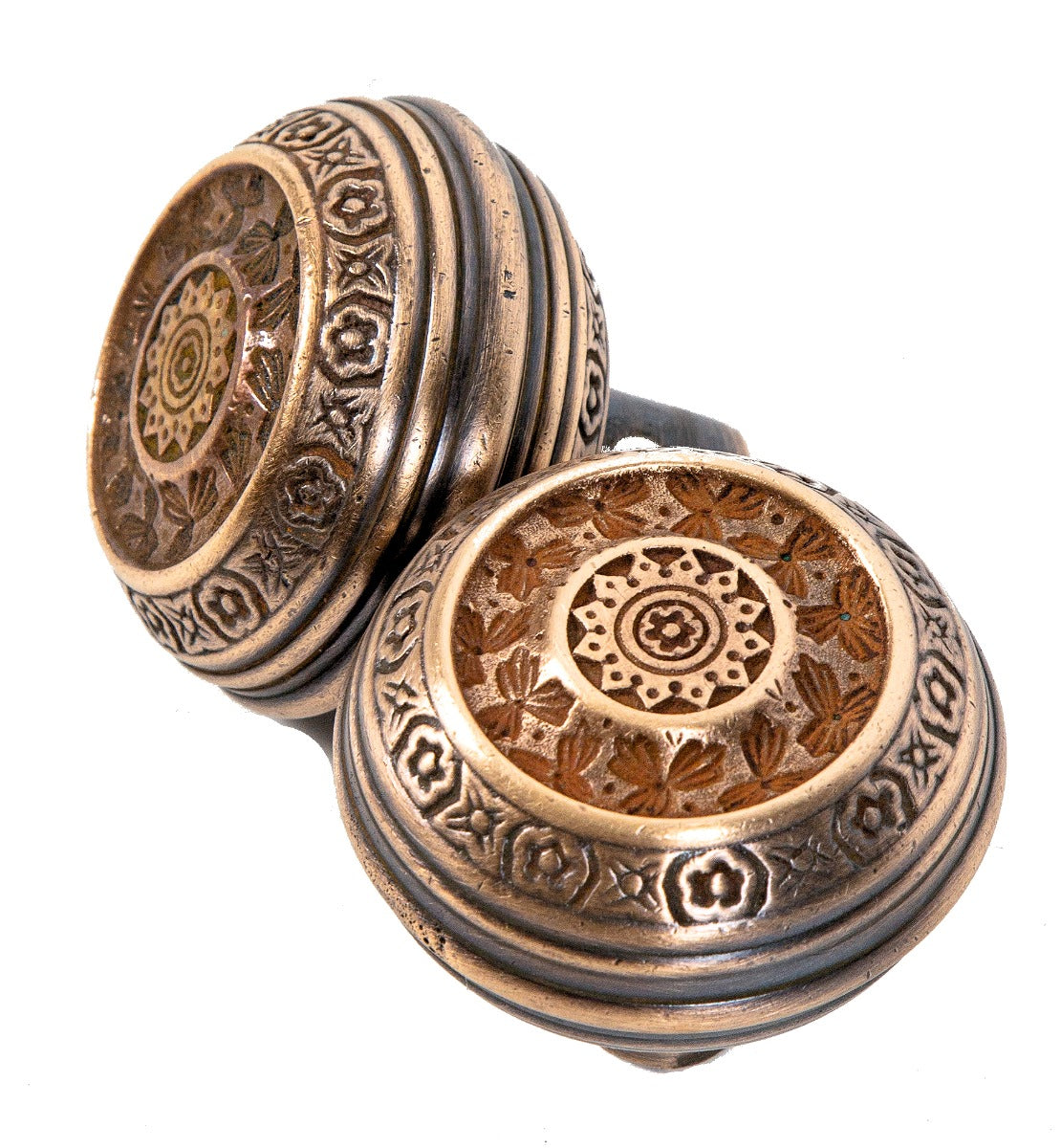 two matching original 1880s oversized ornamental cast bronze american eastlake style "ivy" pattern residential entrance doorknobs