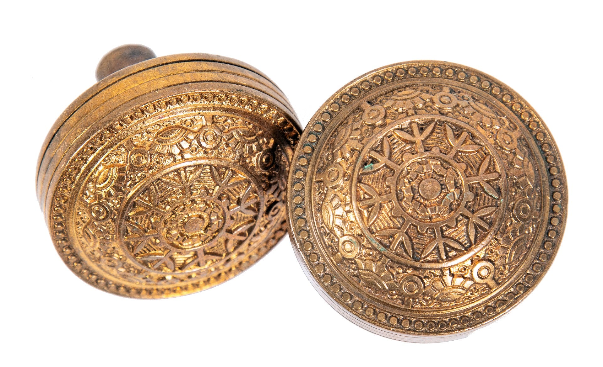 matching set of 1880s american eastlake style ornamental cast bronze salvaged chicago residential "windsor" pattern doorknobs