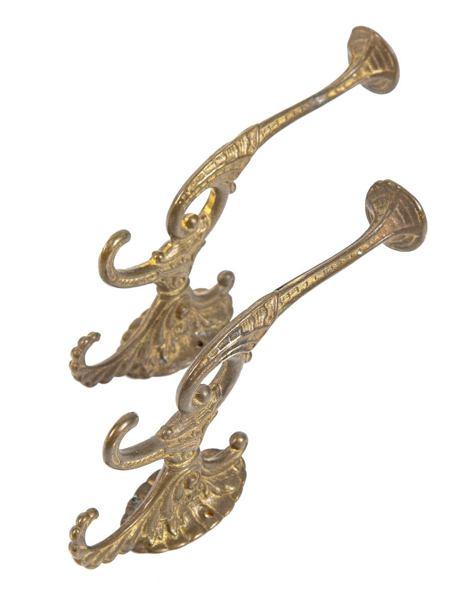 two matching salvaged chicago 19th century antique american ornamental cast brass residential parlor tree coat hooks
