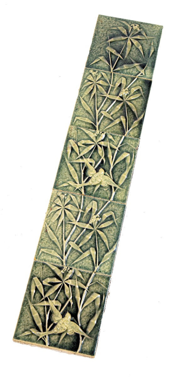 set of rare 19th century original blueish-green glazed beaver falls residential majolica fireplace tiles with birds and leafage