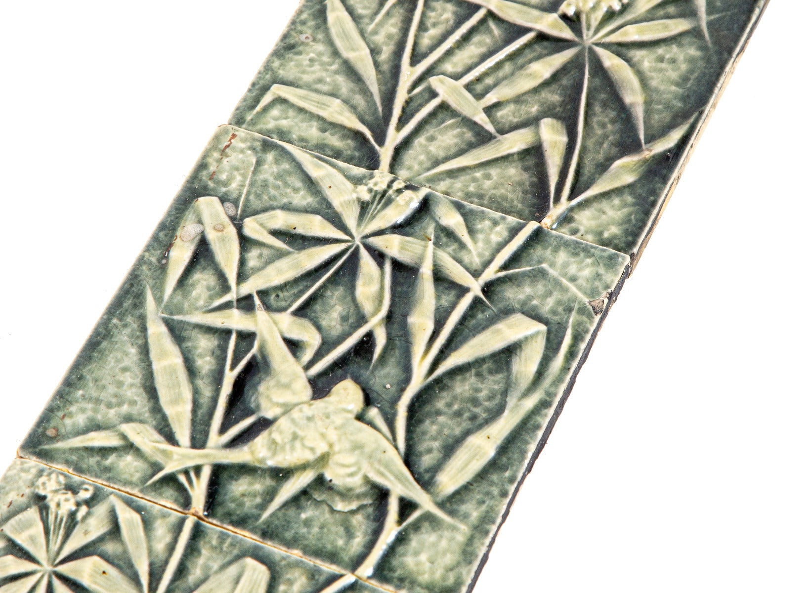 set of rare 19th century original blueish-green glazed beaver falls residential majolica fireplace tiles with birds and leafage