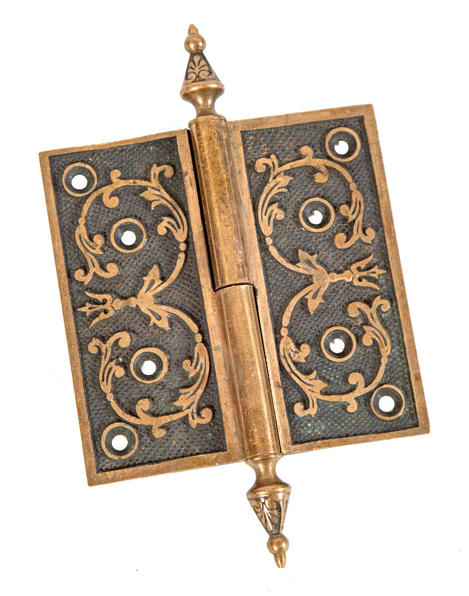 original ornamental cast bronze 1870s fully functional interior residential passage door hinge with steeple finials
