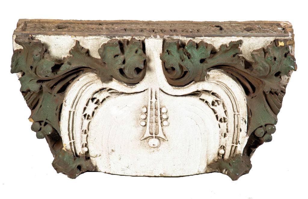 Unique polychromed slip glaze oversized exterior chicago commercial building "sullivanesque" terra cotta cartouche