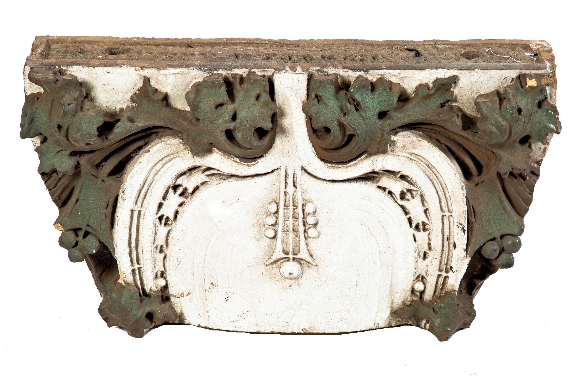 Unique polychromed slip glaze oversized exterior chicago commercial building "sullivanesque" terra cotta cartouche