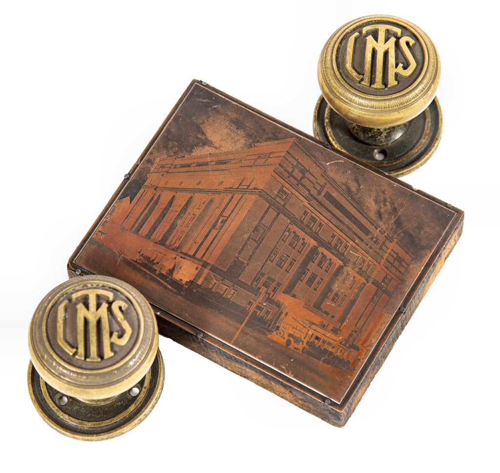 matching set of original early 20th century salvaged chicago logan square masonic temple cast brass monogrammed doorknobs