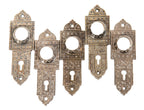 group of five 19th century original refinished residential ornamental cast iron "screwless" spindle passage door backplates