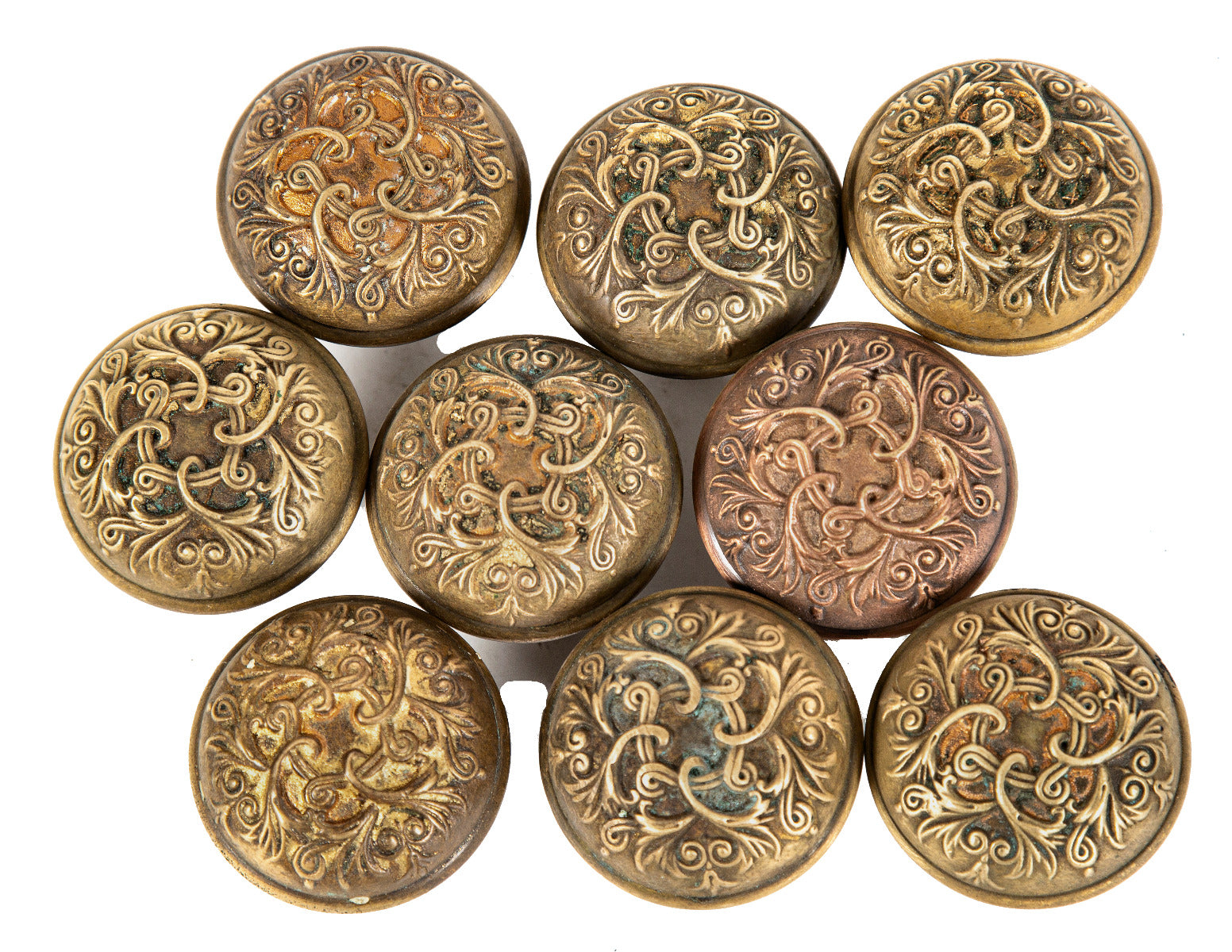 large lot of original late 19th or early 20th century ornamental cast bronze "baltic" pattern passage door handles