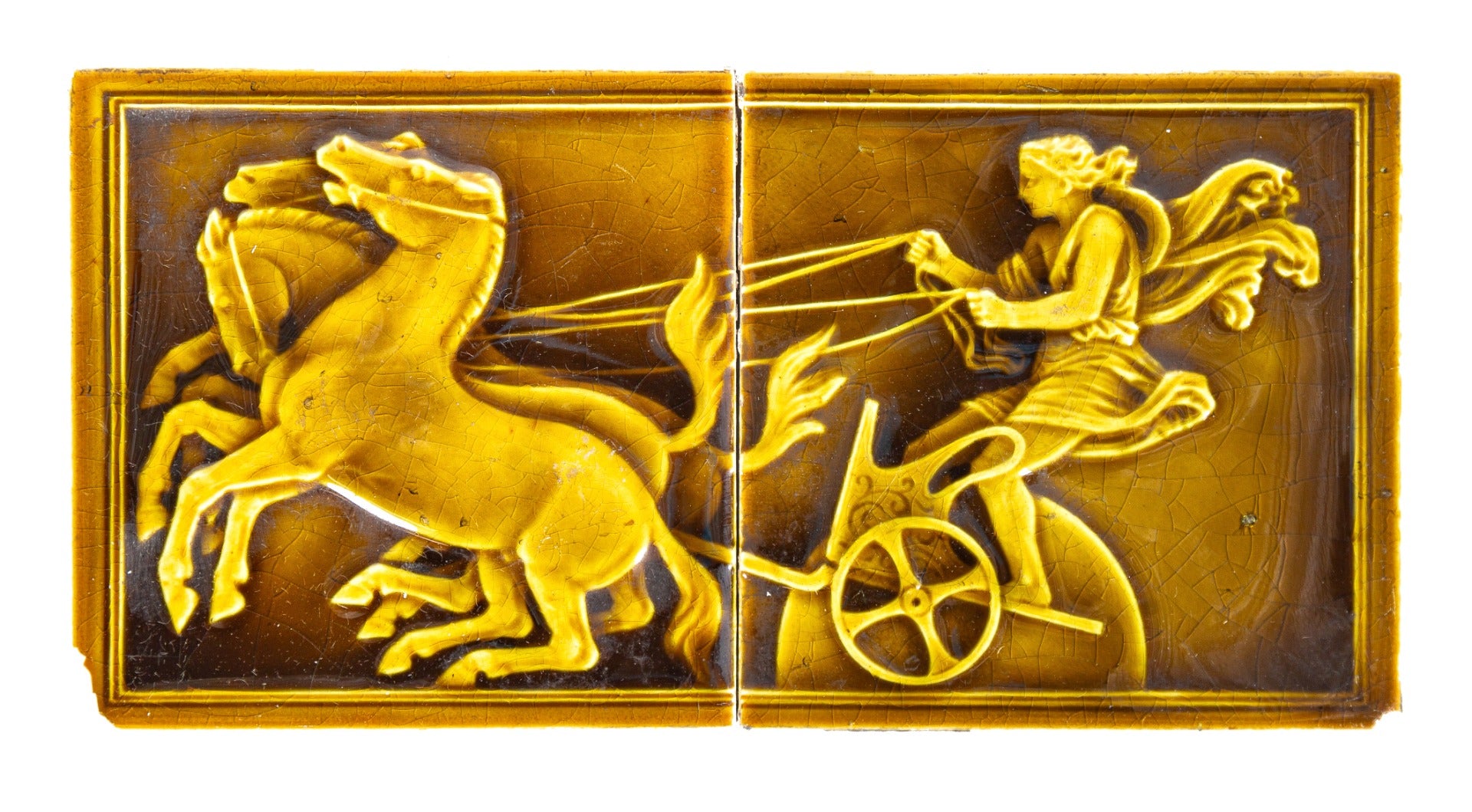 richly colored green-ish-yellow two-piece figural trent tile company fireplace majolica tile set with horses and chariot