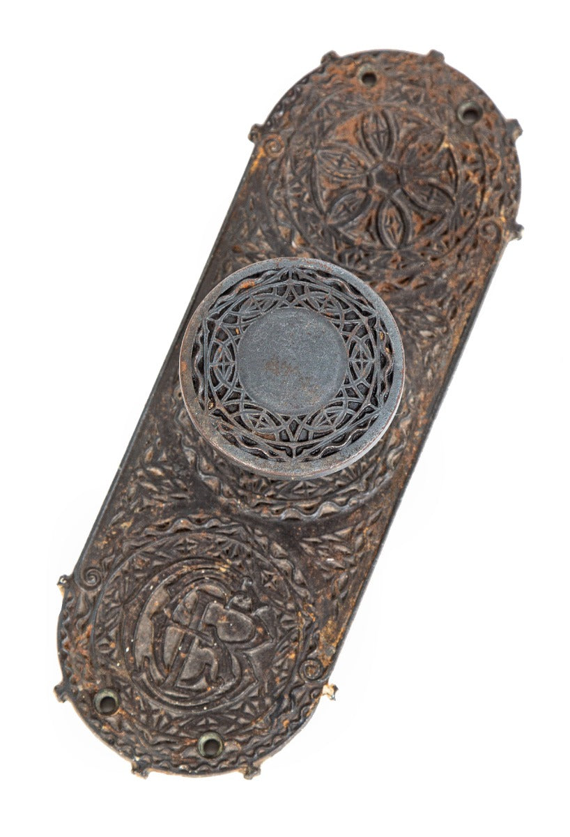museum quality 19th century louis sullivan-designed ornamental cast iron chicago stock exchange office door knob and monogrammed backplate