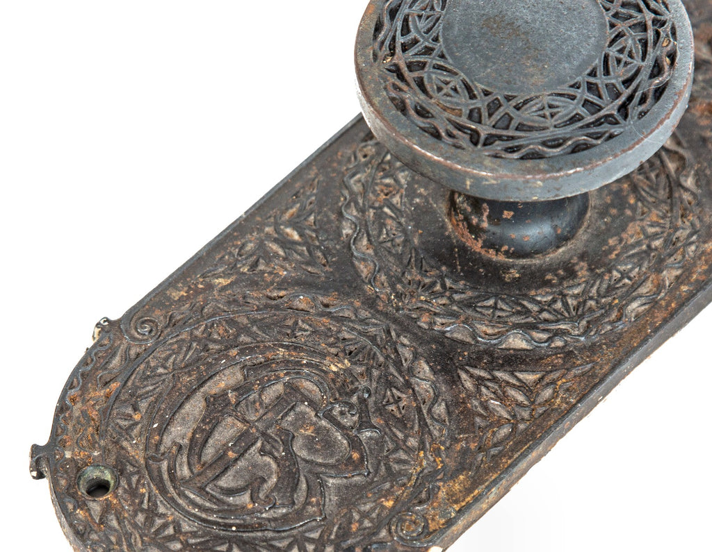 museum quality 19th century louis sullivan-designed ornamental cast iron chicago stock exchange office door knob and monogrammed backplate